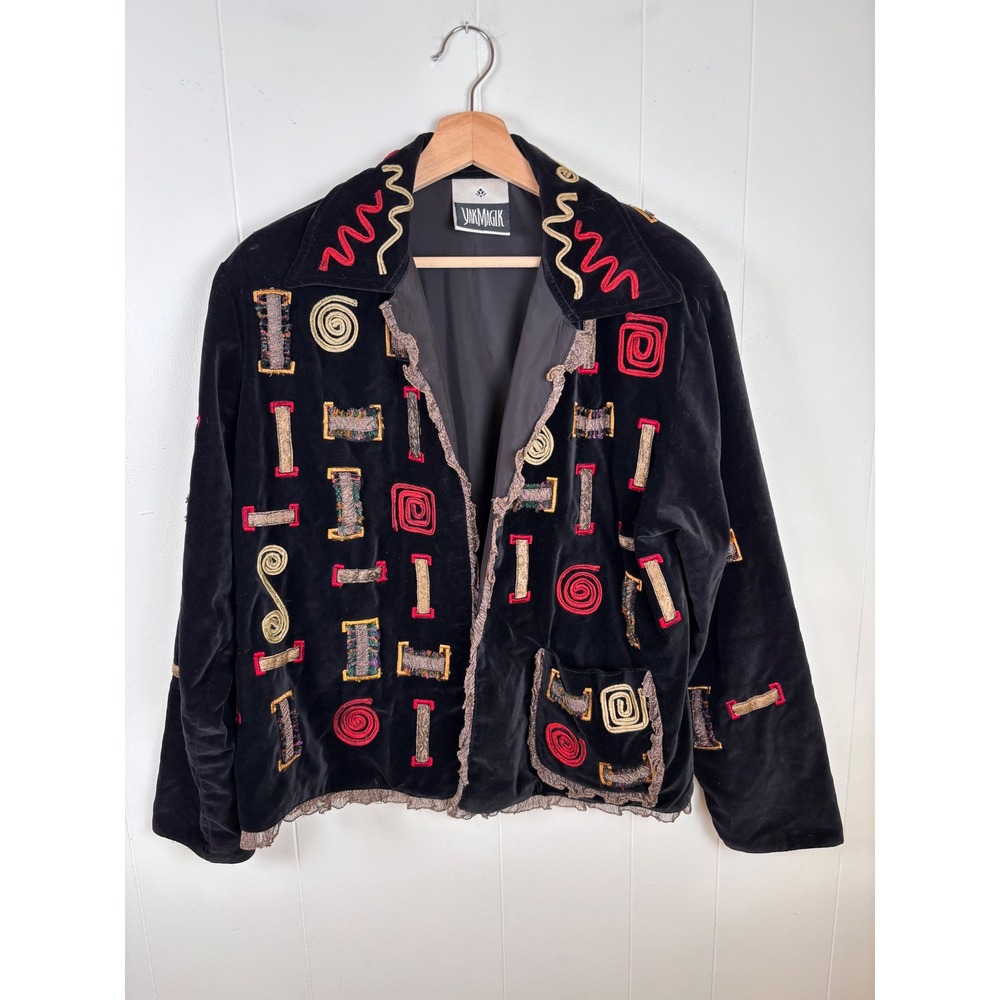 VTG Yak Magik Black Velvet Jacket Art to Wear Women's Size Large Colorful‎
